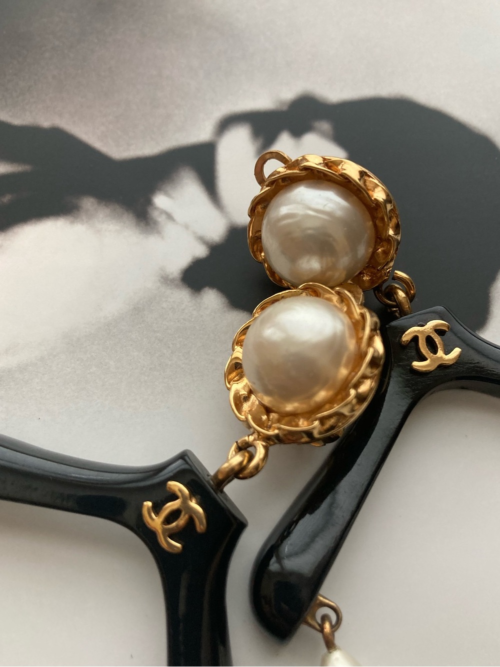 CHANEL Black Hanger Earrings with Gold & Pearl Drops - Picture 11 of 16